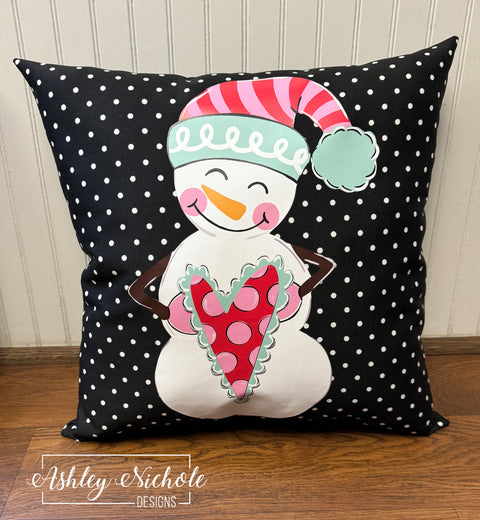 Custom Pillow - Cheery Snowman VALENTINES on Black & White Mini Dot Outdoor Fabric