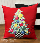 Custom Pillow - Christmas Tree - Abstract Colorful on Red Outdoor Fabric