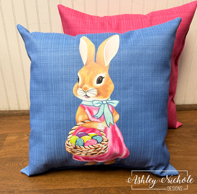 Custom Pillow - Flopsy Cottontail on Courtyard Blue Outdoor Fabric