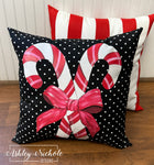 Custom Pillow - Pink & Red Candy Canes - Christmas on Black Mini Dot Outdoor Fabric