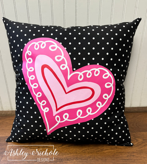 Custom Pillow - Swirly Heart on Black & White Mini Dot Outdoor Fabric