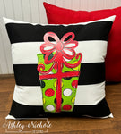 Custom Pillow - Whimsical Christmas Gift Box on Black & White Stripe Outdoor Fabric