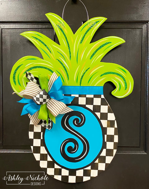Pineapple - Initial (Blue) Checkered Door Hanger