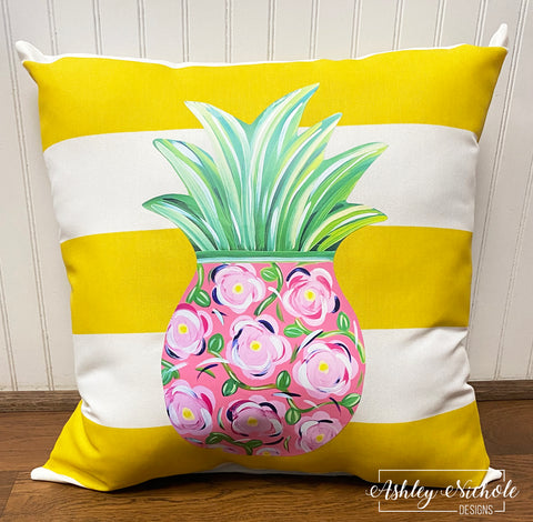 Custom-Pineapple-Pink Floral-Pillow on Yellow Stripe Fabric