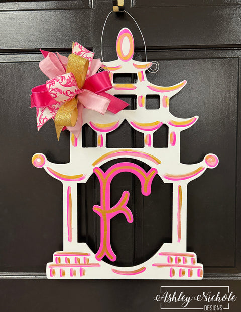 Pink and white Pagoda Door Hanger - (Hand Painted) LIKE PHOTO WITH INITIAL "F" NO CUSTOMIZED!**
