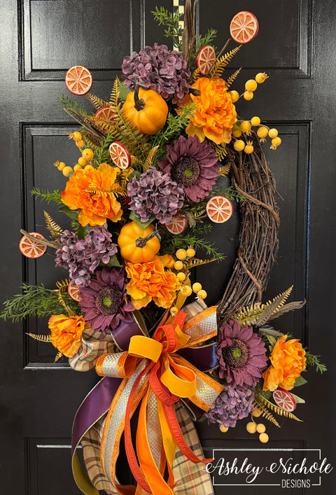 Plum & Orange Pumpkin Harvest Wreath