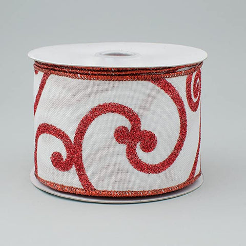 Bold Red Glitter Swirls On White Burlap Wired Ribbon - 2.5" x 10yds