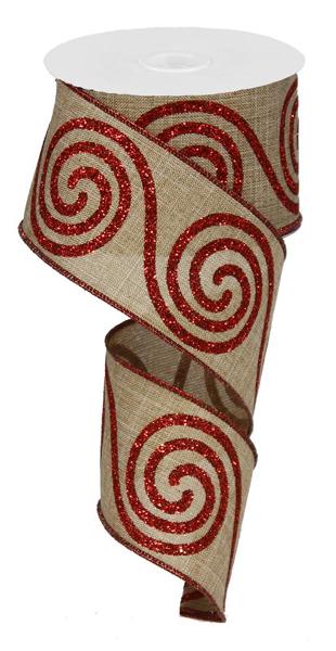 Beige & Red Large Swirl Wired Ribbon - 2.5 x 10yds