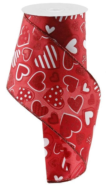 4" x 10yd Patterned Hearts Wired Ribbon - Red/White