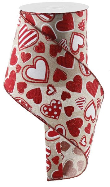 4" x 10yd Patterned Hearts On Royal Wired Ribbon - Natural/Red/White