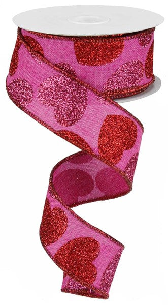 Bold Red Glittered Hearts On Pink Wired Ribbon - 1.5" x 10yds