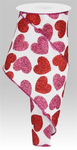 4" x 10yd Bold Hearts On Royal Wired Ribbon - White/Red/Pink