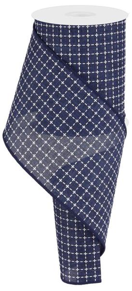 Navy & White Stitched Squares Wired Ribbon - 4" x 10yds