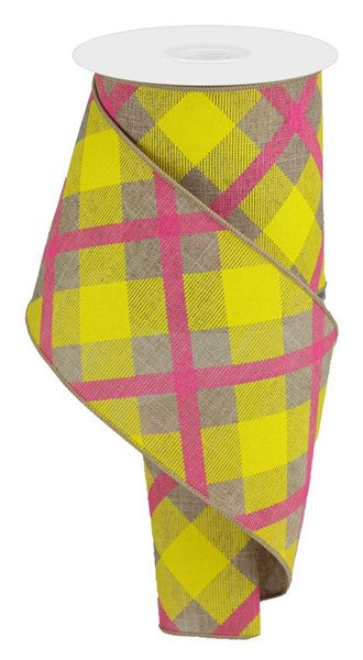 Yellow, Tan & Hot Pink Printed Plaid Wired Ribbon - 4" x 10yds