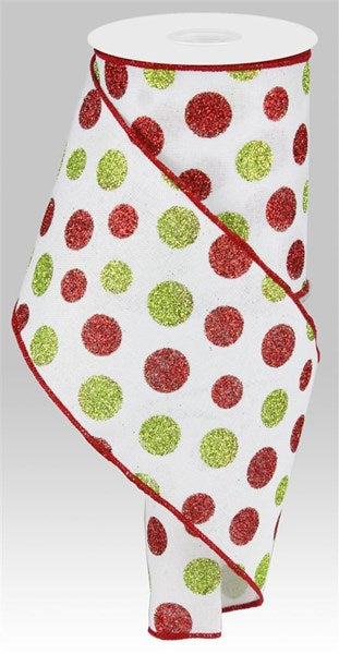 Red & Green Multi Size Glitter Dot Wired Ribbon - 4" x 10yds