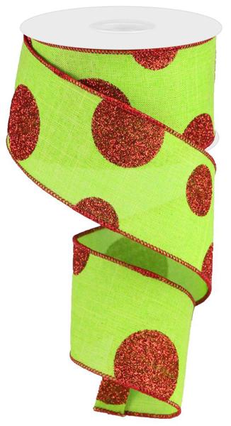 Red Glitter Dot on Green Wired Ribbon - 2.5" x 10yds