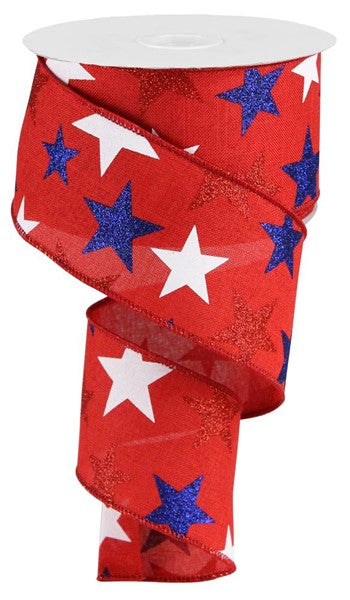 Patriotic Star on Red Burlap Wired Ribbon - 2.5"x10Yds