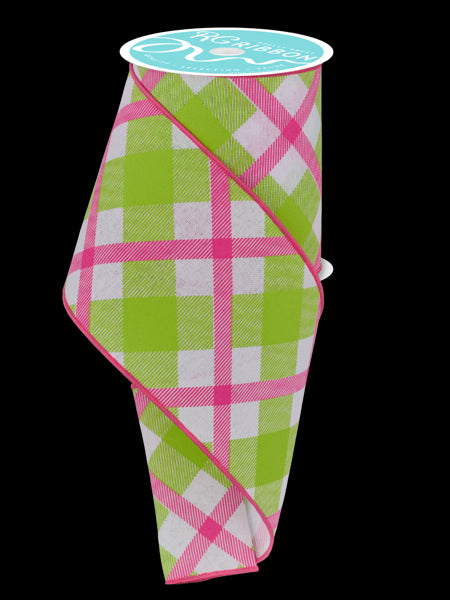 Lime & Hot Pink Printed Plaid Wired Ribbon - 4" x 100ft