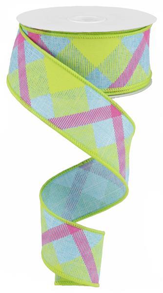 Blue, Lime & Hot Pink Plaid Wired Ribbon - 1.5" x 50yds