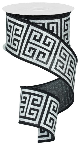 Black/Silver Greek Key Wired Ribbon - 2.5"x10Yds
