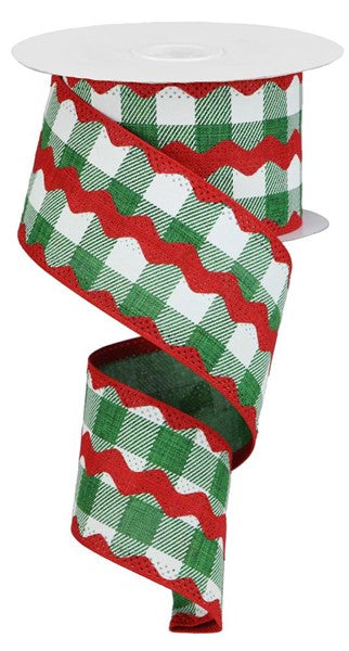 Red Ric Rac on Emerald Plaid Wired Ribbon - 2.5" x 10yds