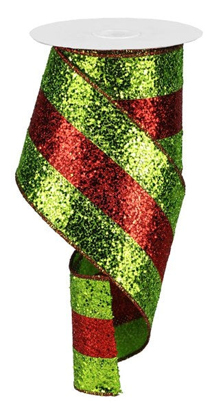 Lime & Red Large Glitter Wired Ribbon - 4"x 10yds