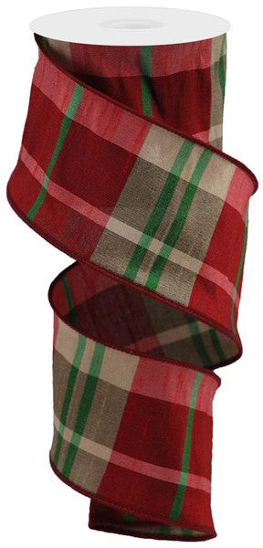 Tan, Red & Green Plaid Dupioni Wired Ribbon - 2.5"x 10yds