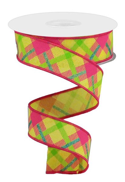 Yellow & Hot Pink Summer Plaid Wired Ribbon - 1.5” x 10yds