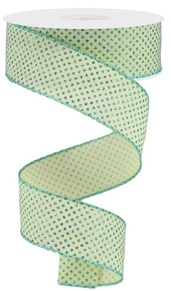 Turquoise Glitter Miro Dots on Cream Linen Wired Ribbon - 1.5" x 10yds