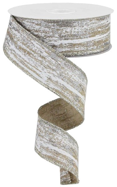 White & Silver Metallic Streaks On Burlap Wired Ribbon - 1.5" x 10yds