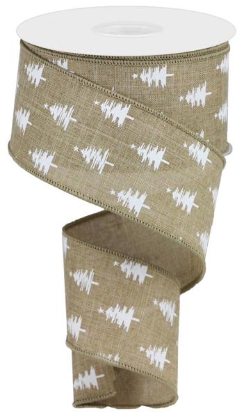 Light Beige w/ White Pine Trees Wired Ribbon - 2.5" x 100ft