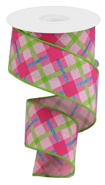 Pink, Lime & Blue Plaid Wired Ribbon - 2.5” x 100yds