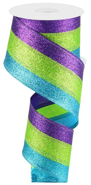 Purple,Lime & Turquoise Shimmer Glitter Wired Ribbon - 2.5” x 10yds