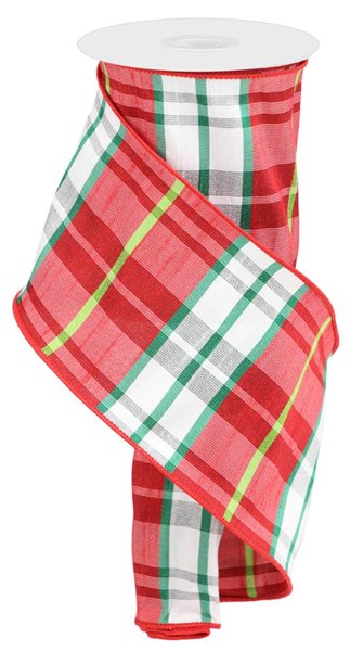 Red, Lime, Emerald & White Plaid Wired Ribbon - 4" x 10yds
