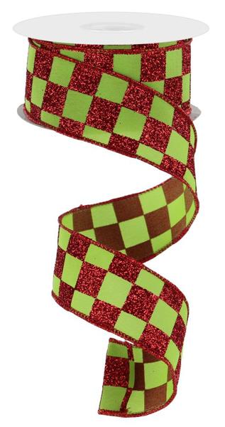 Lime & Red Glitter Check Wired Ribbon - 1.5" x 10yds