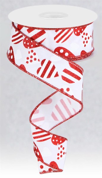 White and Red Valentine Hearts Wired Ribbon - 1.5"x10Yds