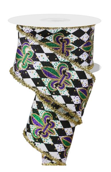 Fleur De Lis Harlequin/Tinsle Edge Wired Ribbon - 2.5"x10Yds