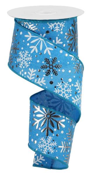 Turq,Blue & Silver Multi Snowflakes Burlap Wired Ribbon - 2.5"x10Yds