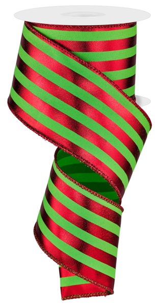 Green w/ Red Metallic Vertical Stripes Wired Ribbon - 2.5" x 10yds