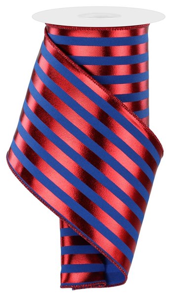 Blue w/ Red Metallic Vertical Stripes Wired Ribbon - 4" x 10yds