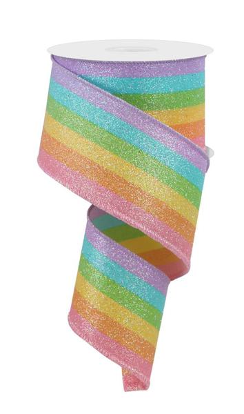 Glitter Rainbow Vertical Stripe Wired Ribbon - 2.5" x 10yds