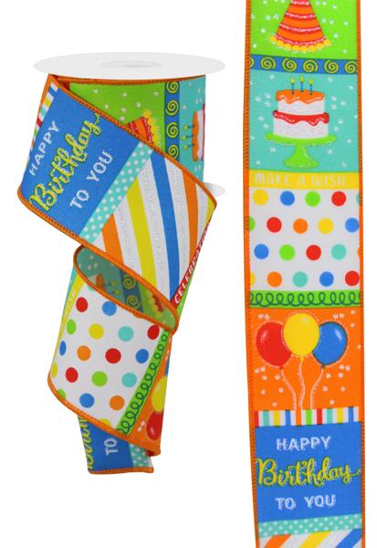 Happy Birthday w/ Cake & Party Hats Wired Ribbon - 2.5" x 10yds