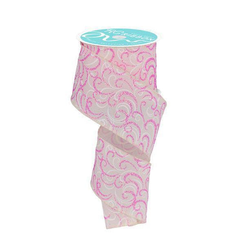 Multi Swirls Cream, Iridescent Pink & White Wired Ribbon - 2.5" x 10yds