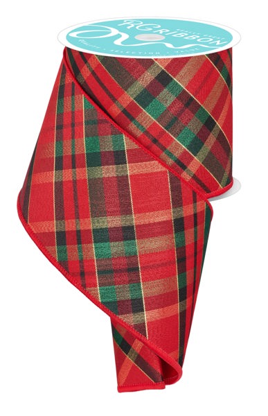 Red, Emerald & Gold Plaid Wired Ribbon - 4" x 10yds