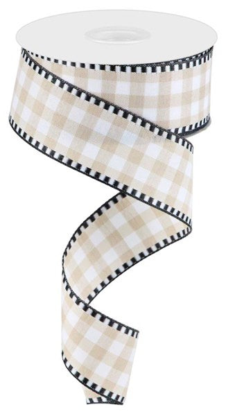 Tan/White Gingham Check & B/W Edging Wired Ribbon - 1.5"x10Yds