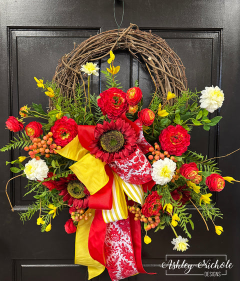 *READY to SHIP* - Red Bloom Cottage Charm Wreath