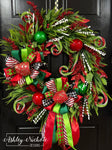 Red & Green Whimsical Full Round Christmas Wreath (Oversized)