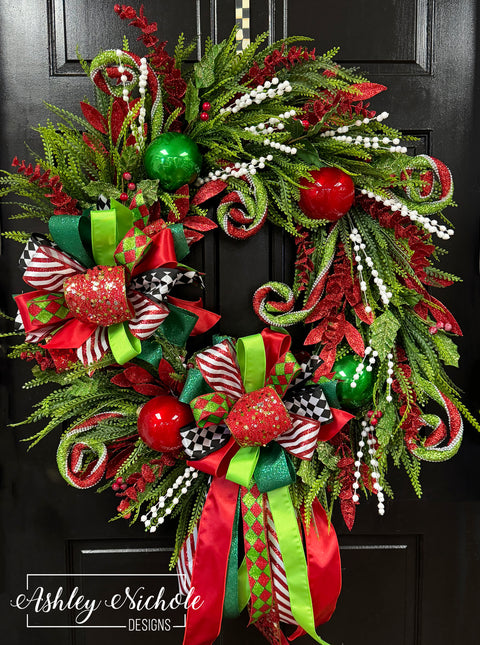 Red & Green Whimsical Full Round Christmas Wreath (Oversized)