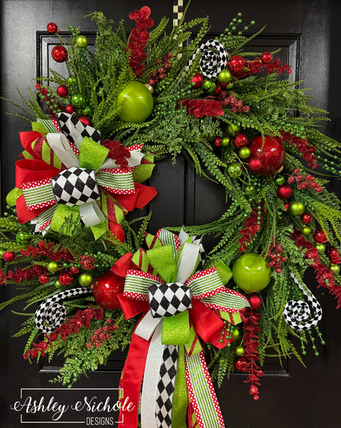 Red & Green Whimsical Full Round Christmas Wreath (Oversized)