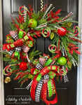 Red & Lime Whimsical Full Round Christmas Wreath (Oversized)